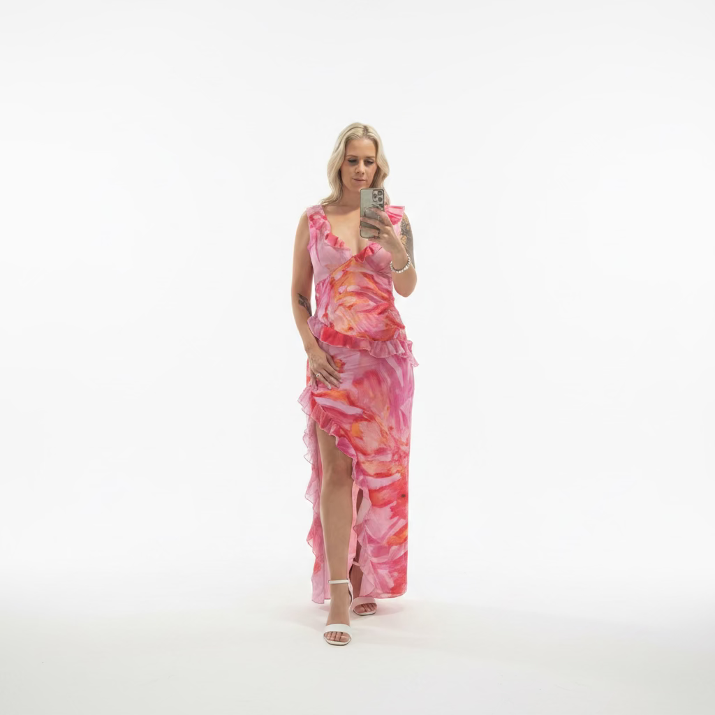 Pink Floral Asymmetric Frill Split Maxi