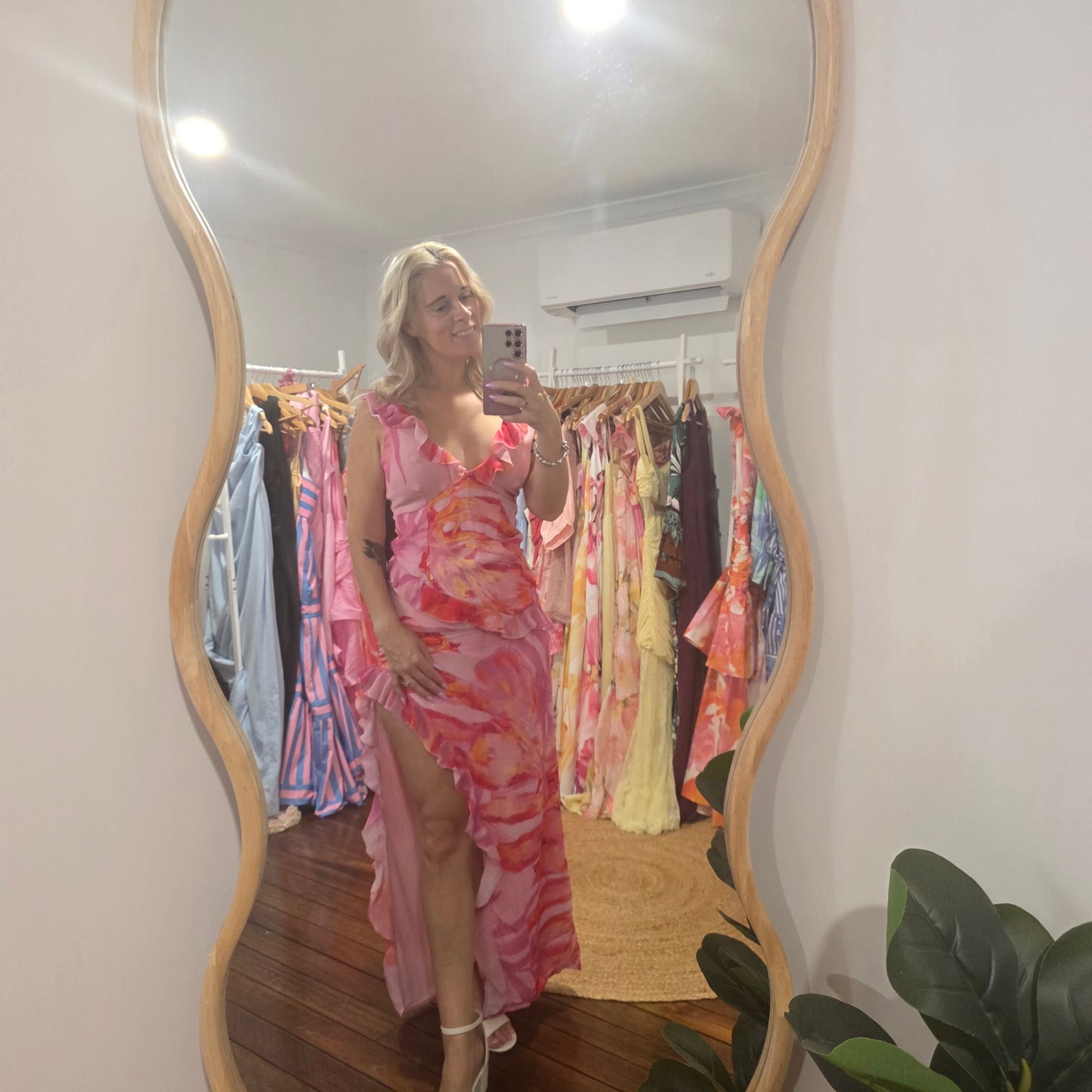 Pink Floral Asymmetric Frill Split Maxi