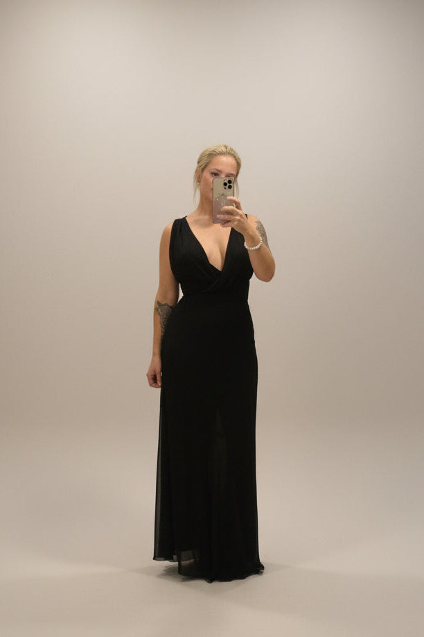 Plunge Neck Pleated Maxi Dress