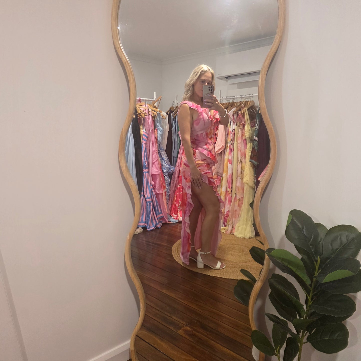 Pink Floral Asymmetric Frill Split Maxi